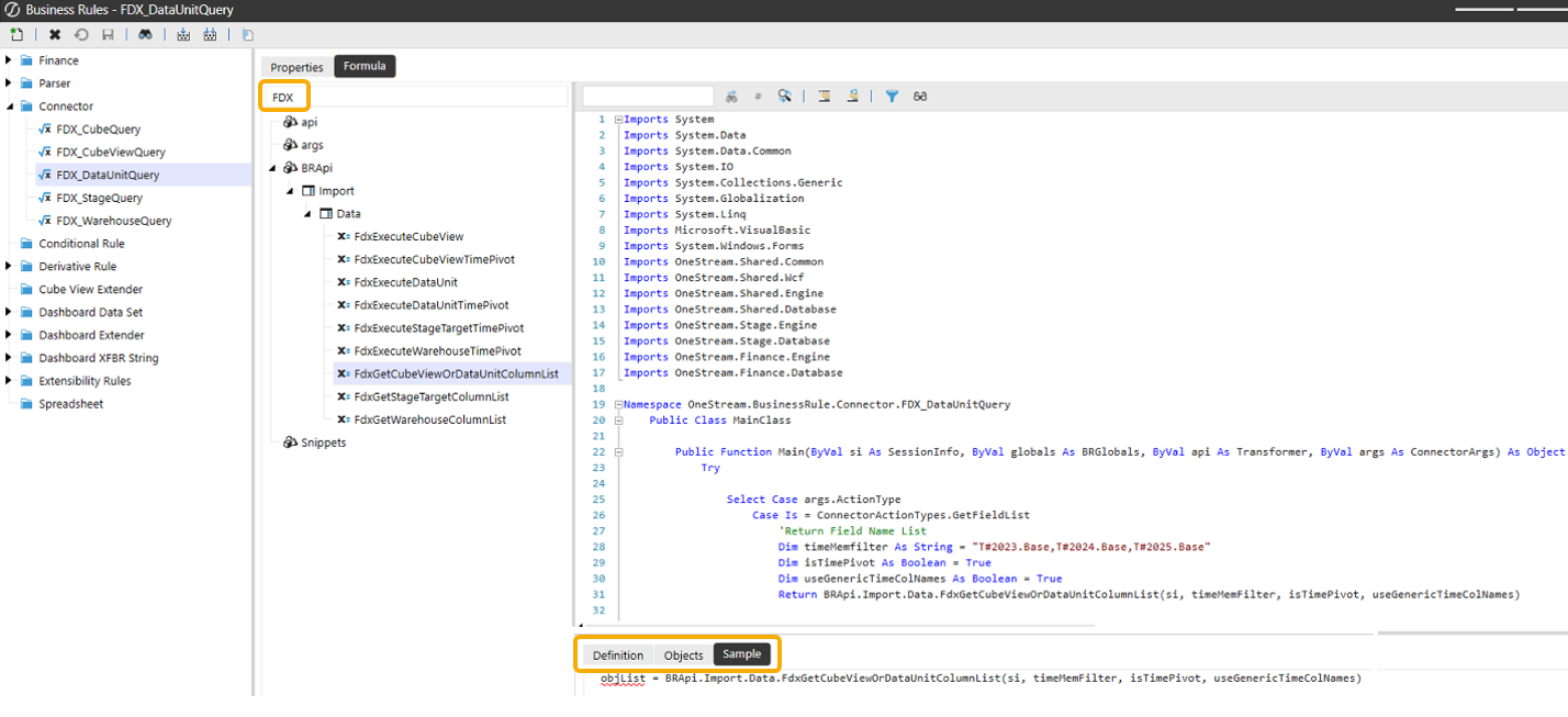 FDX is entered in the search bar and the Definition, Objects, and Sample tabs are outlined